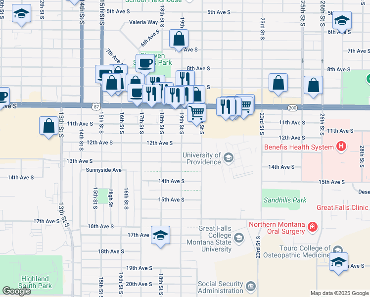 map of restaurants, bars, coffee shops, grocery stores, and more near 1201 19th Street South in Great Falls