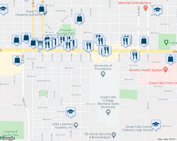 map of restaurants, bars, coffee shops, grocery stores, and more near 1924 12th Ave S in Great Falls