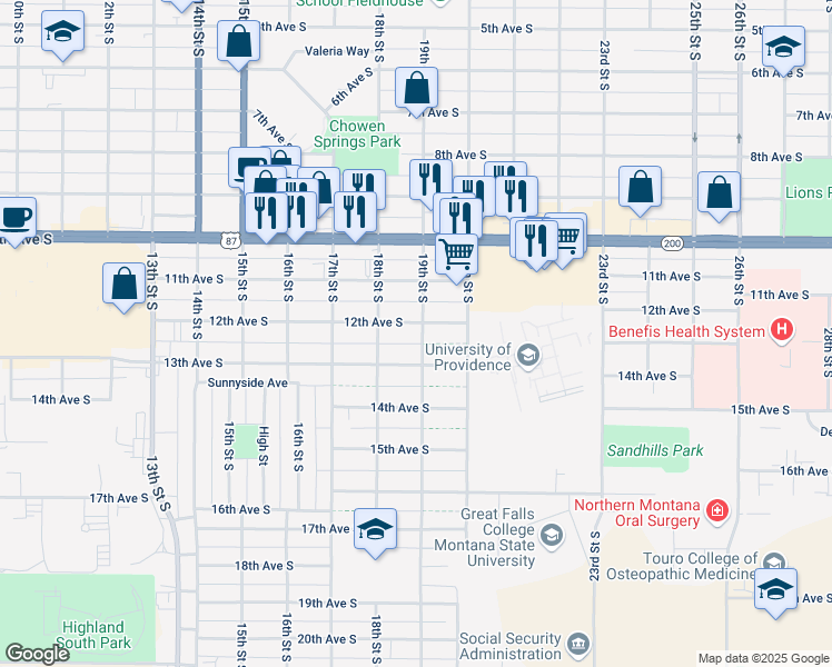 map of restaurants, bars, coffee shops, grocery stores, and more near 1201 19th St S in Great Falls