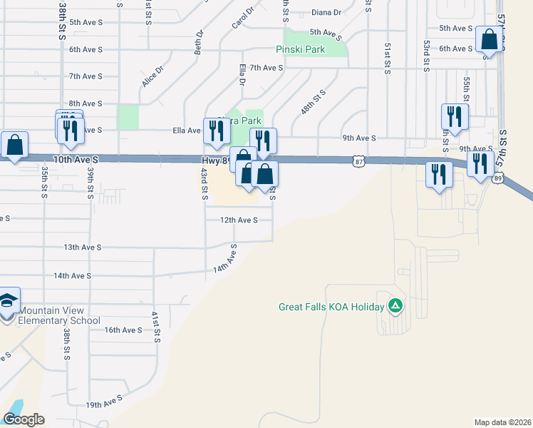 map of restaurants, bars, coffee shops, grocery stores, and more near 4509 12th Avenue South in Great Falls