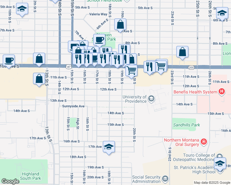 map of restaurants, bars, coffee shops, grocery stores, and more near 1808 12th Avenue South in Great Falls