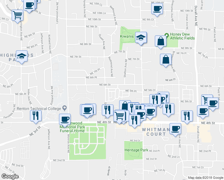 map of restaurants, bars, coffee shops, grocery stores, and more near 528 Queen Place Northeast in Renton