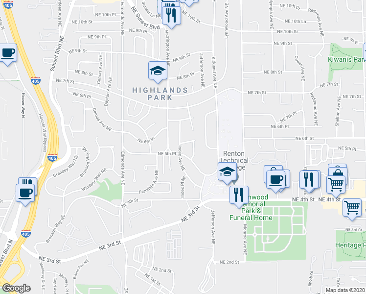 map of restaurants, bars, coffee shops, grocery stores, and more near 551 Index Avenue Northeast in Renton