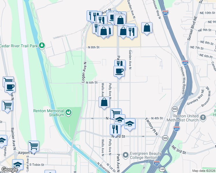 map of restaurants, bars, coffee shops, grocery stores, and more near 535 Pelly Avenue North in Renton
