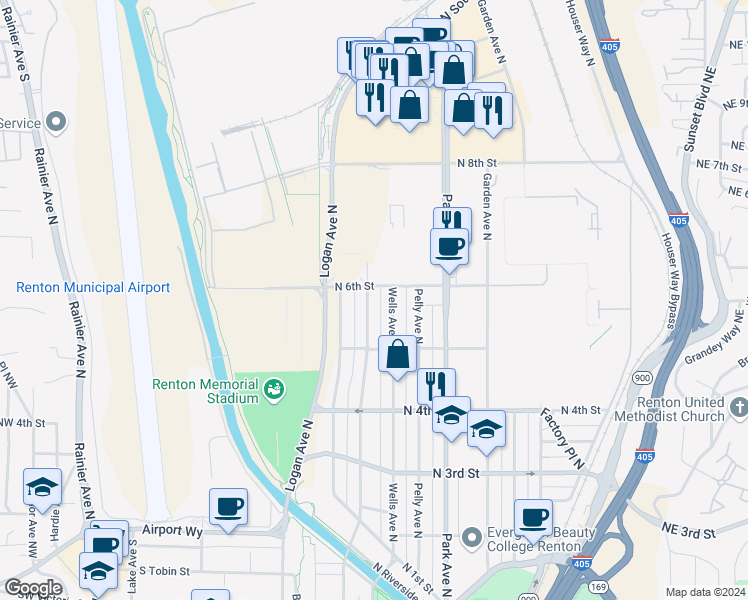 map of restaurants, bars, coffee shops, grocery stores, and more near 533 Wells Avenue North in Renton