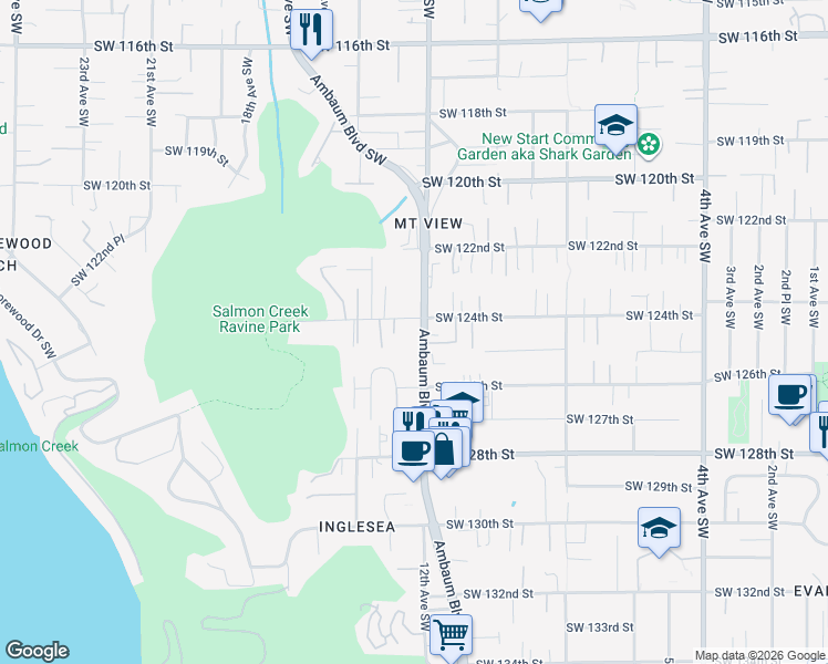 map of restaurants, bars, coffee shops, grocery stores, and more near 12415 Ambaum Boulevard Southwest in Burien