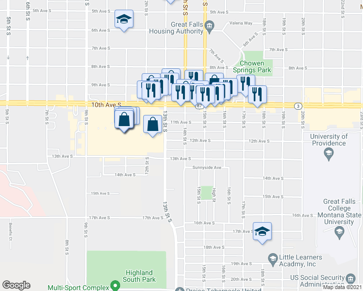 map of restaurants, bars, coffee shops, grocery stores, and more near 1326 12th Avenue South in Great Falls