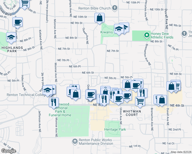 map of restaurants, bars, coffee shops, grocery stores, and more near 3740 Northeast 5th Place in Renton