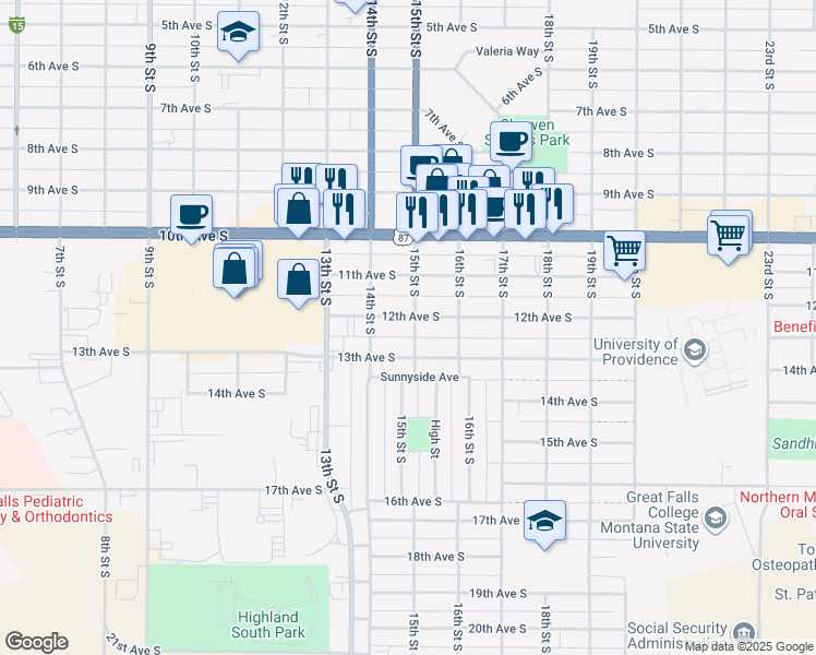 map of restaurants, bars, coffee shops, grocery stores, and more near 1212 15th Street South in Great Falls