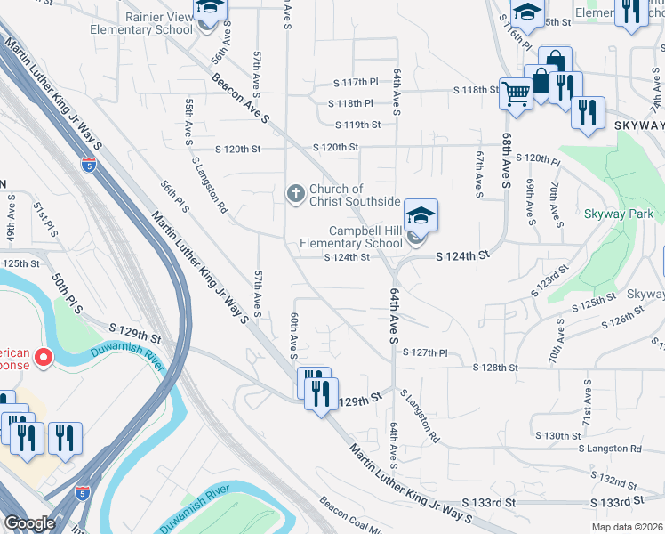 map of restaurants, bars, coffee shops, grocery stores, and more near 6111 South 124th Street in Seattle