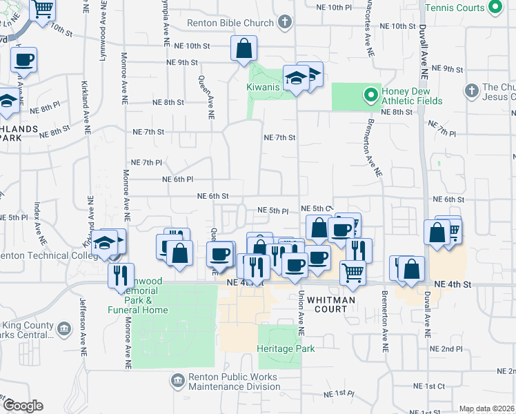 map of restaurants, bars, coffee shops, grocery stores, and more near 3904 Northeast 5th Place in Renton