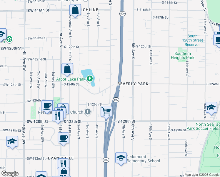 map of restaurants, bars, coffee shops, grocery stores, and more near 12414 5th Avenue South in Seattle