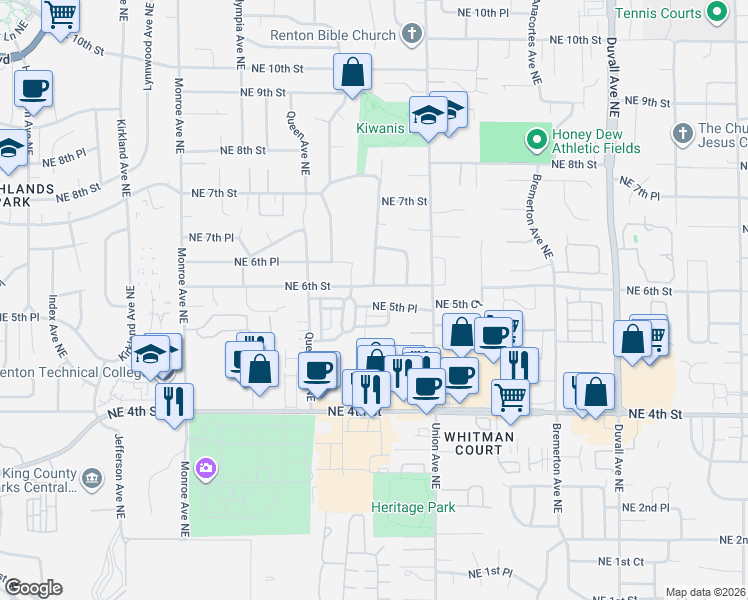 map of restaurants, bars, coffee shops, grocery stores, and more near 538 Shelton Place Northeast in Renton