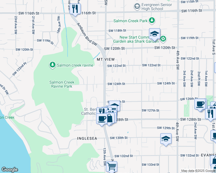 map of restaurants, bars, coffee shops, grocery stores, and more near 10XX Southwest 124th Street in Seattle