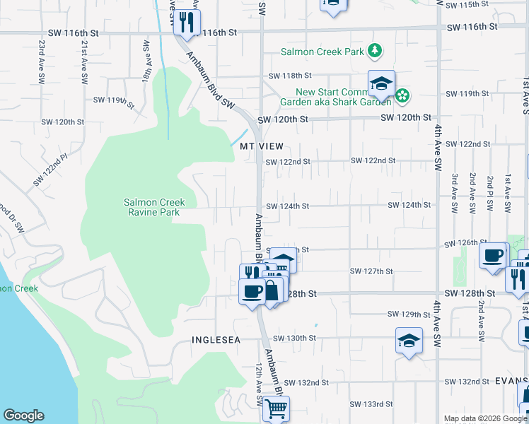 map of restaurants, bars, coffee shops, grocery stores, and more near 12404 Ambaum Boulevard Southwest in Seattle