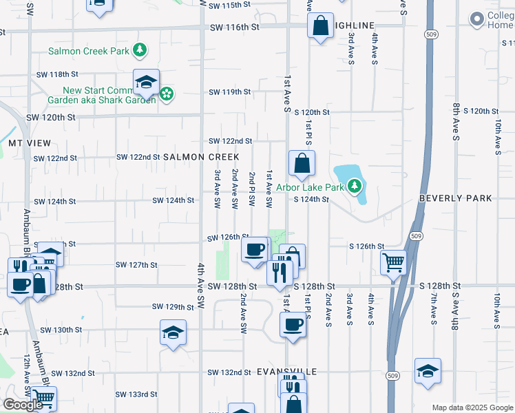 map of restaurants, bars, coffee shops, grocery stores, and more near 12418 2nd Place Southwest in Seattle