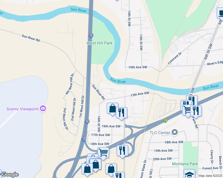 map of restaurants, bars, coffee shops, grocery stores, and more near 1501 13th Ave SW in Great Falls