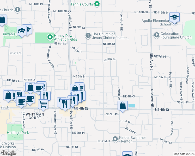map of restaurants, bars, coffee shops, grocery stores, and more near 5007 Northeast 6th Street in Renton