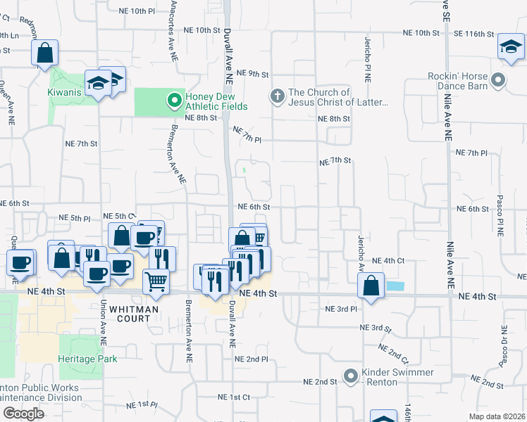 map of restaurants, bars, coffee shops, grocery stores, and more near 4818 Northeast 5th Court in Renton