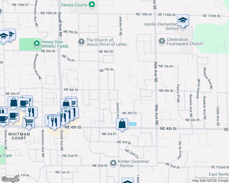 map of restaurants, bars, coffee shops, grocery stores, and more near 5203 Northeast 5th Court in Renton