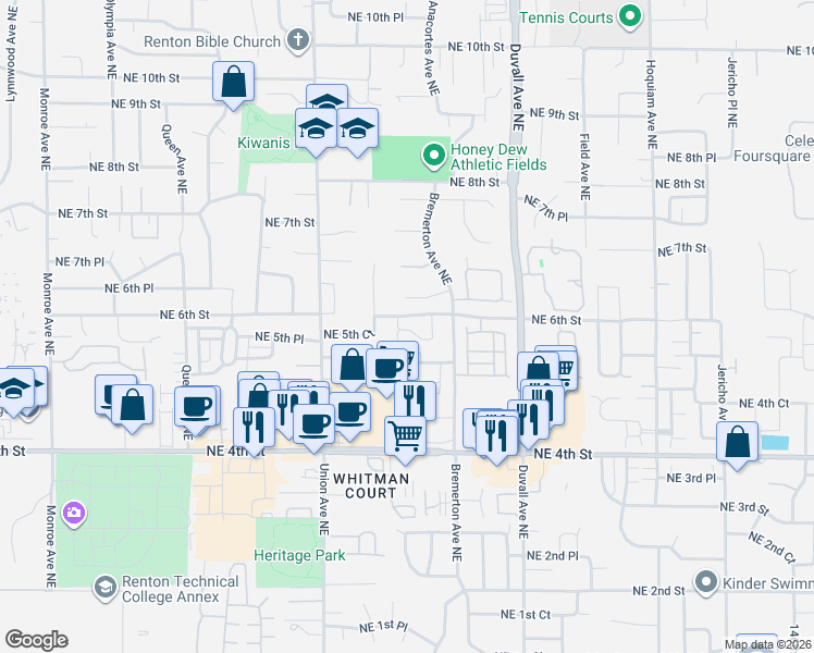 map of restaurants, bars, coffee shops, grocery stores, and more near 555 Anacortes Court Northeast in Renton