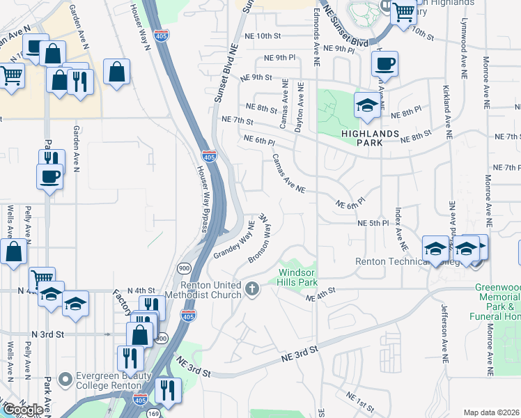 map of restaurants, bars, coffee shops, grocery stores, and more near 554 Bronson Way Northeast in Renton