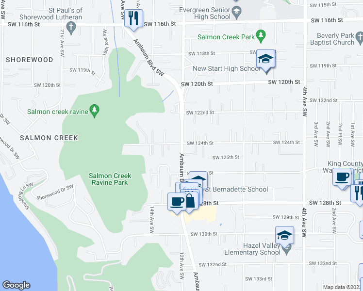 map of restaurants, bars, coffee shops, grocery stores, and more near 12415 Ambaum Boulevard Southwest in Burien