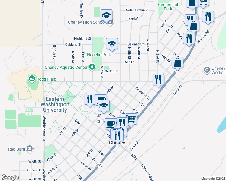map of restaurants, bars, coffee shops, grocery stores, and more near 419 B Street in Cheney
