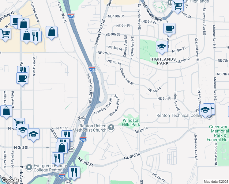 map of restaurants, bars, coffee shops, grocery stores, and more near 554 Bronson Way Northeast in Renton