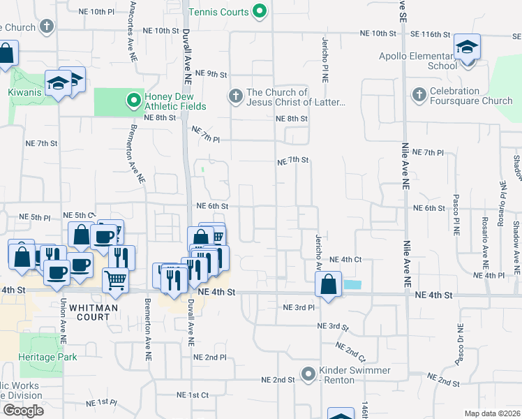 map of restaurants, bars, coffee shops, grocery stores, and more near 5007 Northeast 6th Street in Renton