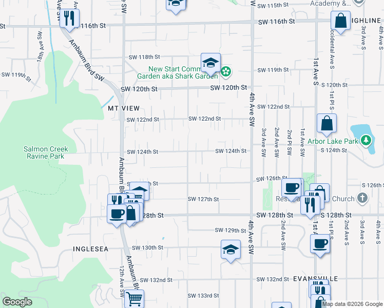 map of restaurants, bars, coffee shops, grocery stores, and more near 12420 8th Avenue Southwest in Burien