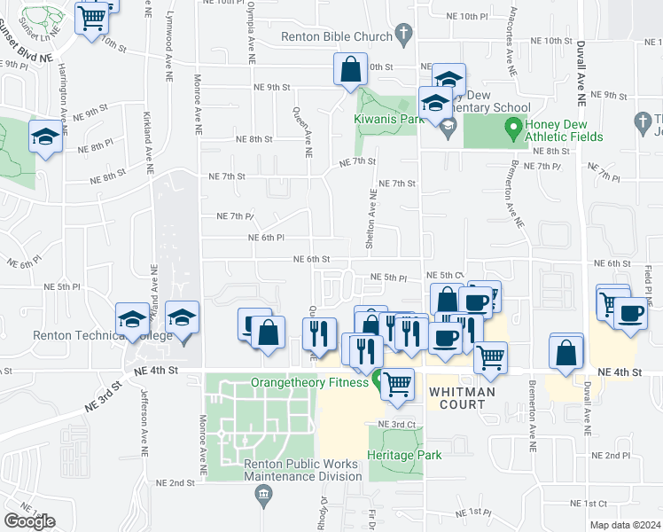 map of restaurants, bars, coffee shops, grocery stores, and more near 3723 Northeast 6th Street in Renton