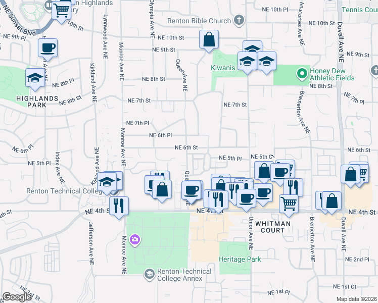 map of restaurants, bars, coffee shops, grocery stores, and more near 528 Queen Place Northeast in Renton
