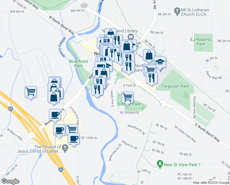 map of restaurants, bars, coffee shops, grocery stores, and more near 424 Healy Avenue South in North Bend