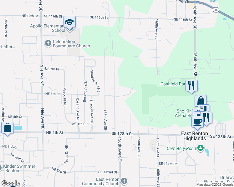 map of restaurants, bars, coffee shops, grocery stores, and more near 12405 156th Avenue Southeast in Renton