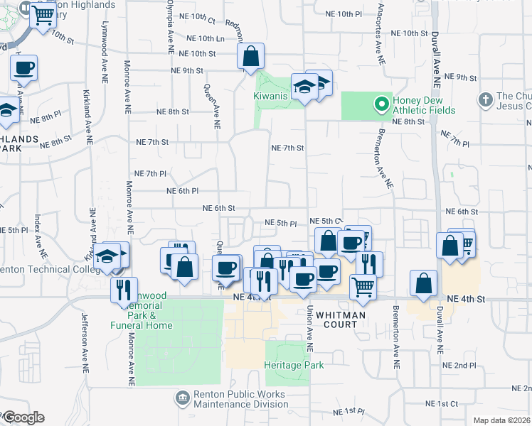 map of restaurants, bars, coffee shops, grocery stores, and more near 538 Shelton Place Northeast in Renton