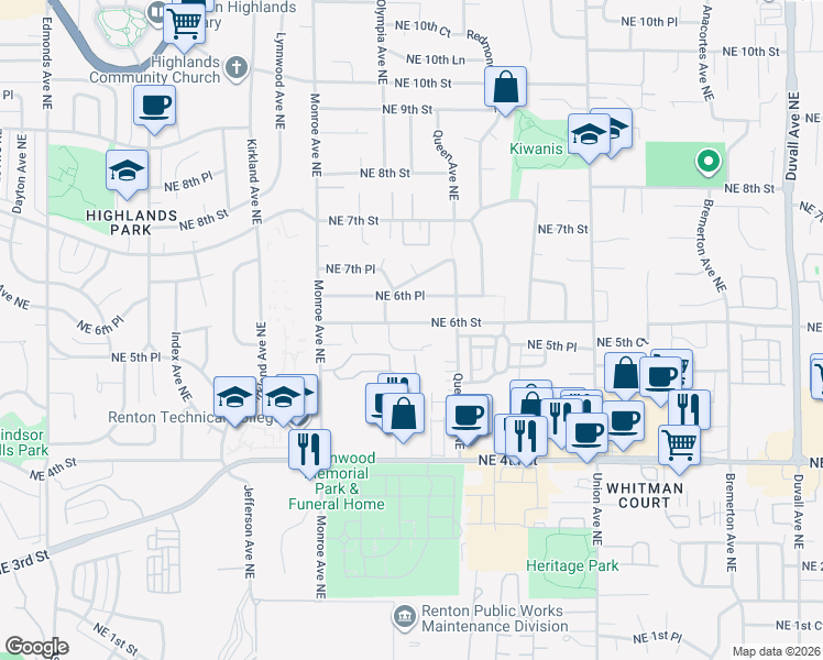 map of restaurants, bars, coffee shops, grocery stores, and more near 574 Olympia Avenue Northeast in Renton