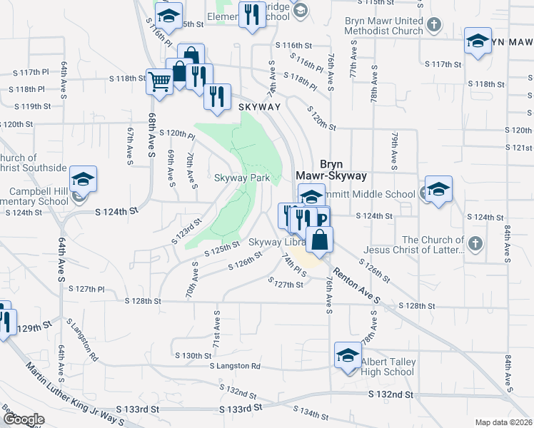map of restaurants, bars, coffee shops, grocery stores, and more near 7243 South 125th Street in Seattle