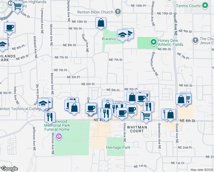 map of restaurants, bars, coffee shops, grocery stores, and more near 538 Shelton Place Northeast in Renton