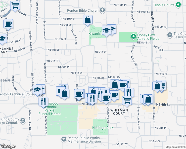 map of restaurants, bars, coffee shops, grocery stores, and more near 3905 Northeast 6th Street in Renton