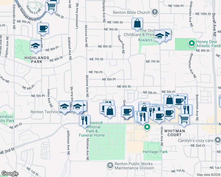 map of restaurants, bars, coffee shops, grocery stores, and more near 3517 Northeast 6th Street in Renton