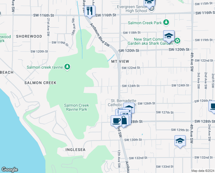 map of restaurants, bars, coffee shops, grocery stores, and more near 12258 13th Place Southwest in Burien