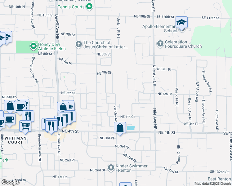 map of restaurants, bars, coffee shops, grocery stores, and more near 601 Jericho Avenue Northeast in Renton