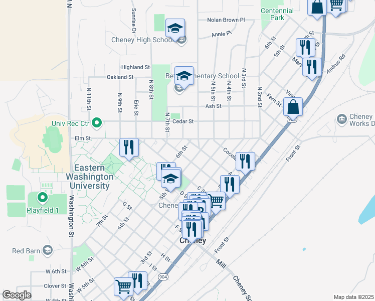 map of restaurants, bars, coffee shops, grocery stores, and more near 419 B Street in Cheney