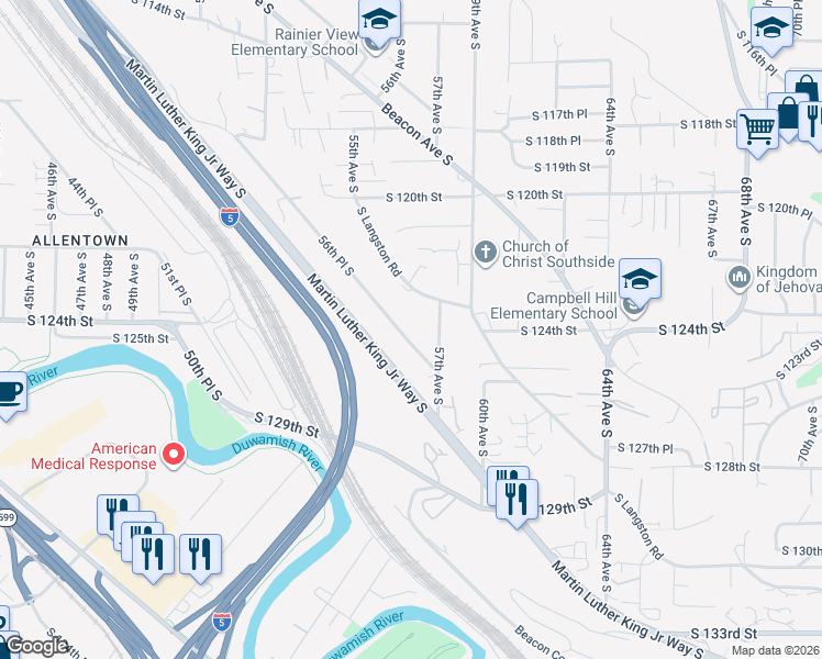 map of restaurants, bars, coffee shops, grocery stores, and more near 12429 56th Place South in Seattle