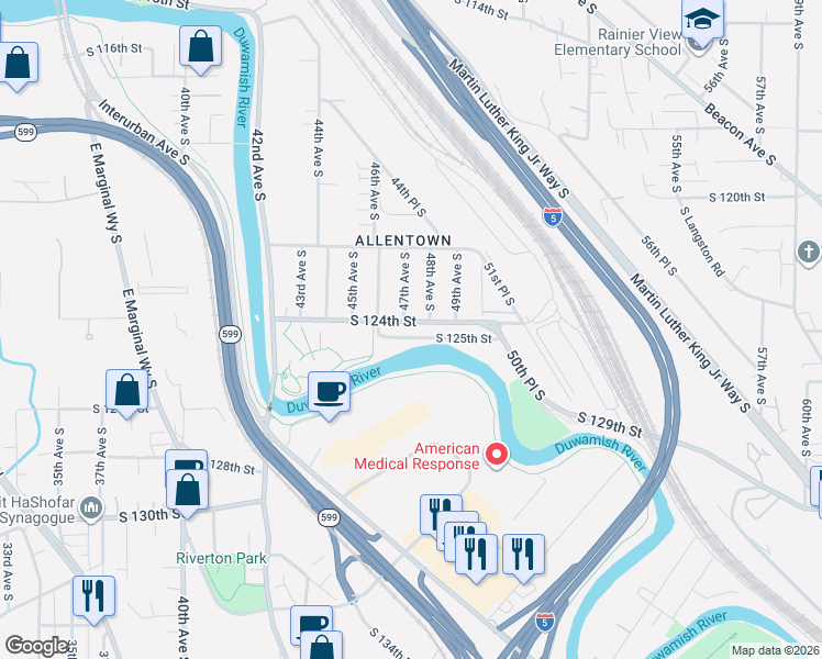 map of restaurants, bars, coffee shops, grocery stores, and more near 4720 South 125th Street in Tukwila