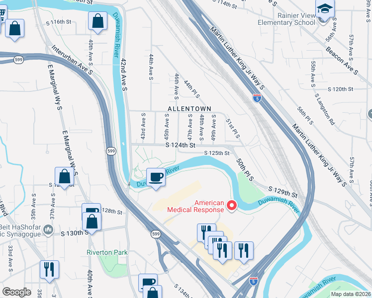 map of restaurants, bars, coffee shops, grocery stores, and more near 4613 South 125th Street in Tukwila