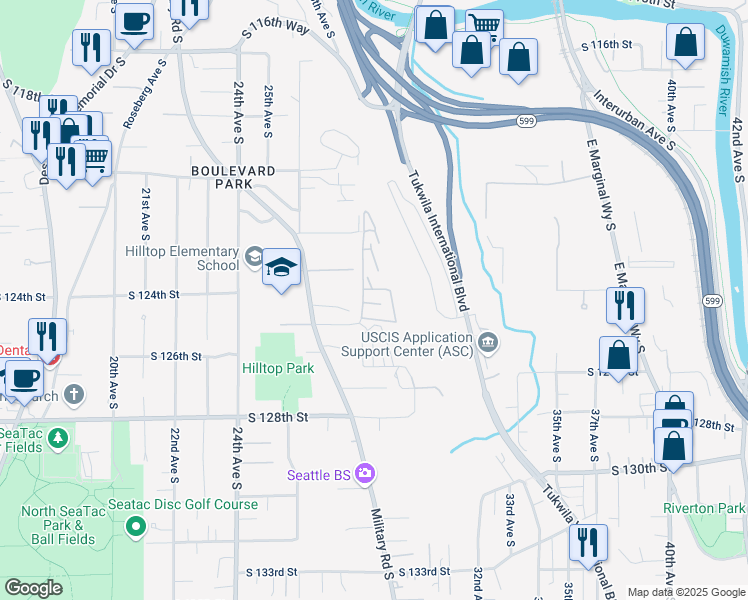 map of restaurants, bars, coffee shops, grocery stores, and more near 12450 28th Avenue South in Seattle