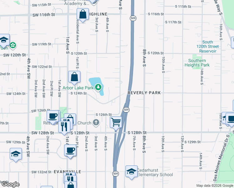map of restaurants, bars, coffee shops, grocery stores, and more near 12414 5th Avenue South in Seattle