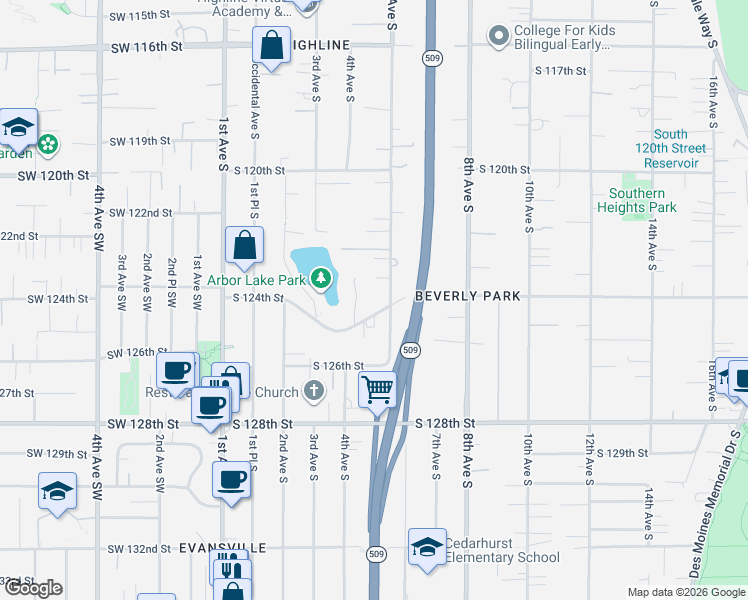 map of restaurants, bars, coffee shops, grocery stores, and more near 412 South 124th Street in Burien